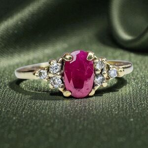 VINTAGE- 10K Gold- Natural Burmese Ruby & Halo Diamond Ring- Size 5.25- Oval Cut